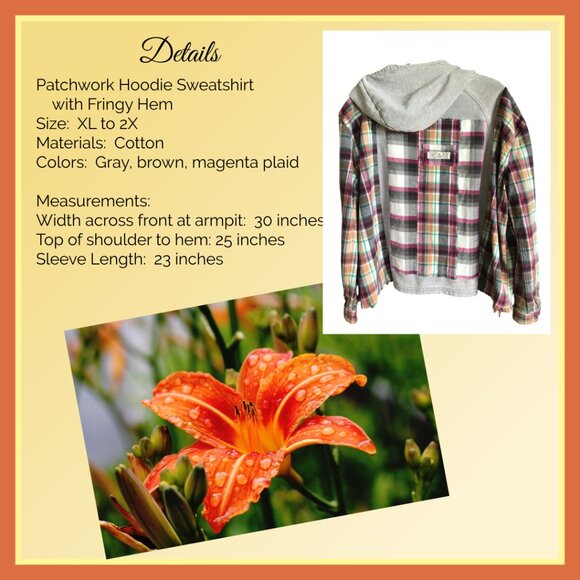 Patchwork Hoodie, Plus Size XL-2X: Upcycled Gray Magenta Plaid Boho Jacket - Picture 4 of 15